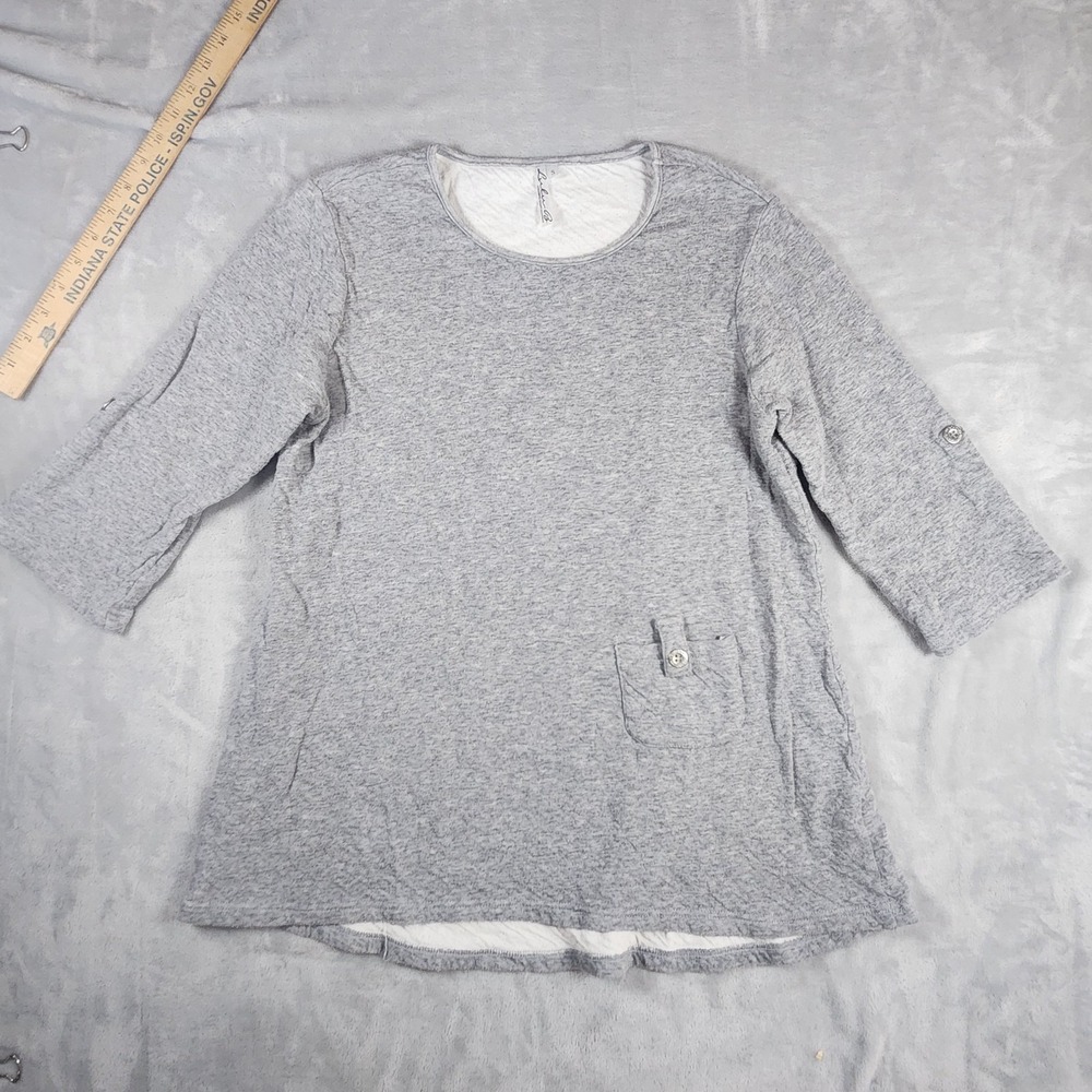 Lulu B Gray 3/4 Sleeve Cotton Jersey Shirt Button Pocket Relaxed Cozy Preppy